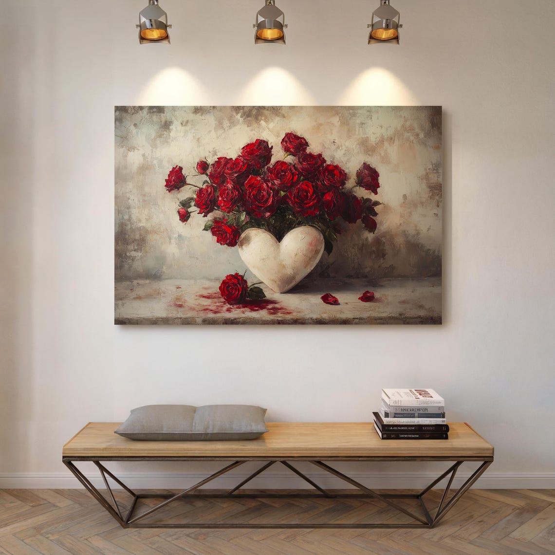 Red Roses In White Heart Vase Romantic Floral Oil Painting Poster - Image 7