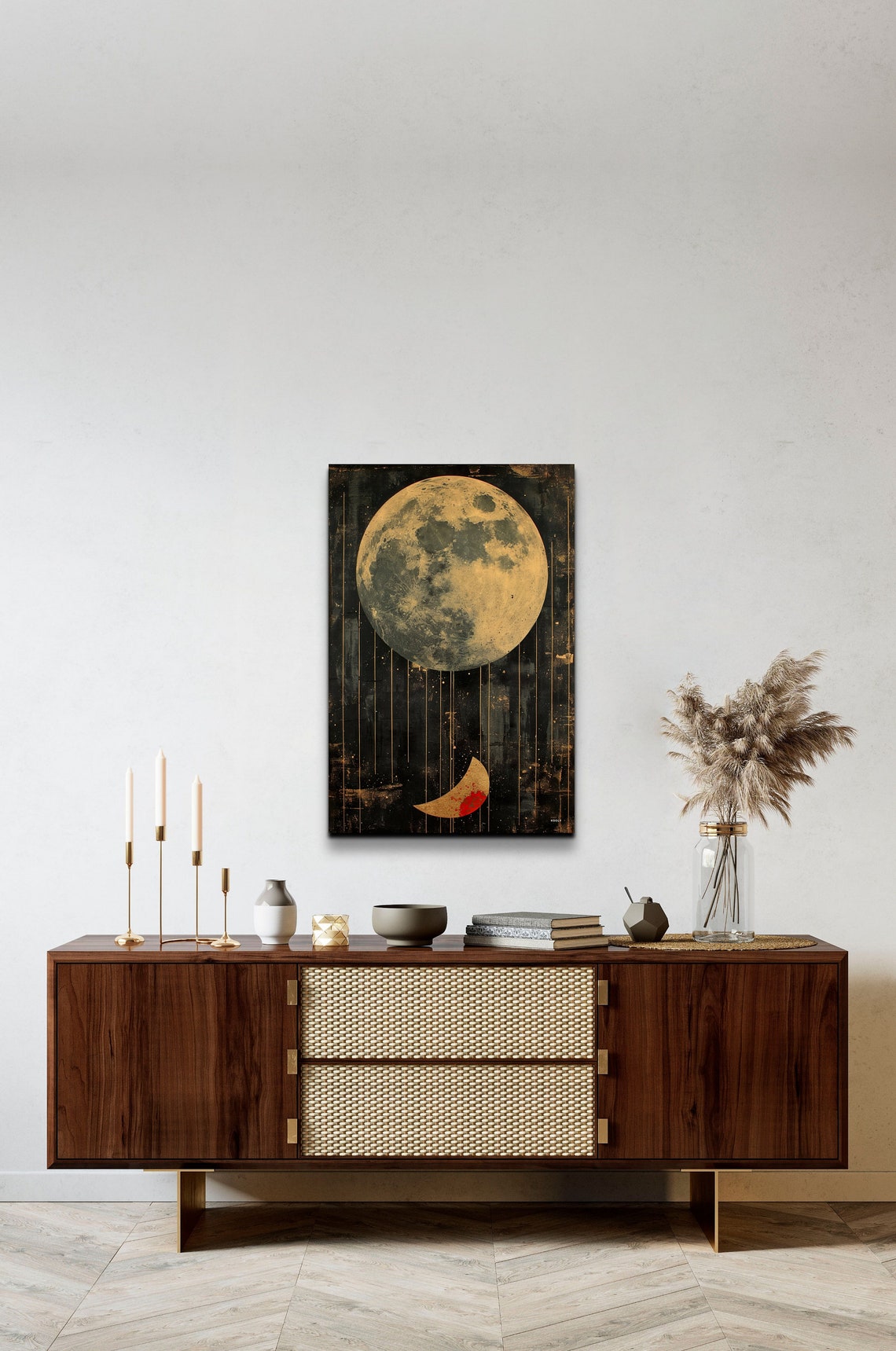 Golden Full Moon and Crescent Mid Century Modern Night Poster - Image 6