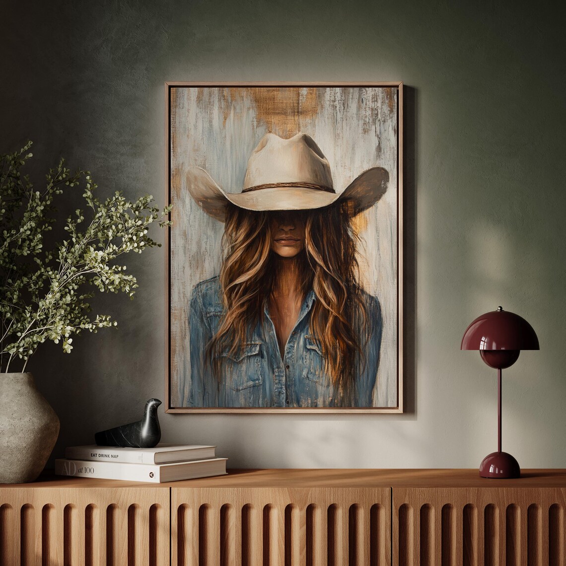 Cowgirl In Denim And Cream Cowboy Hat Faceless Portrait Wall Art