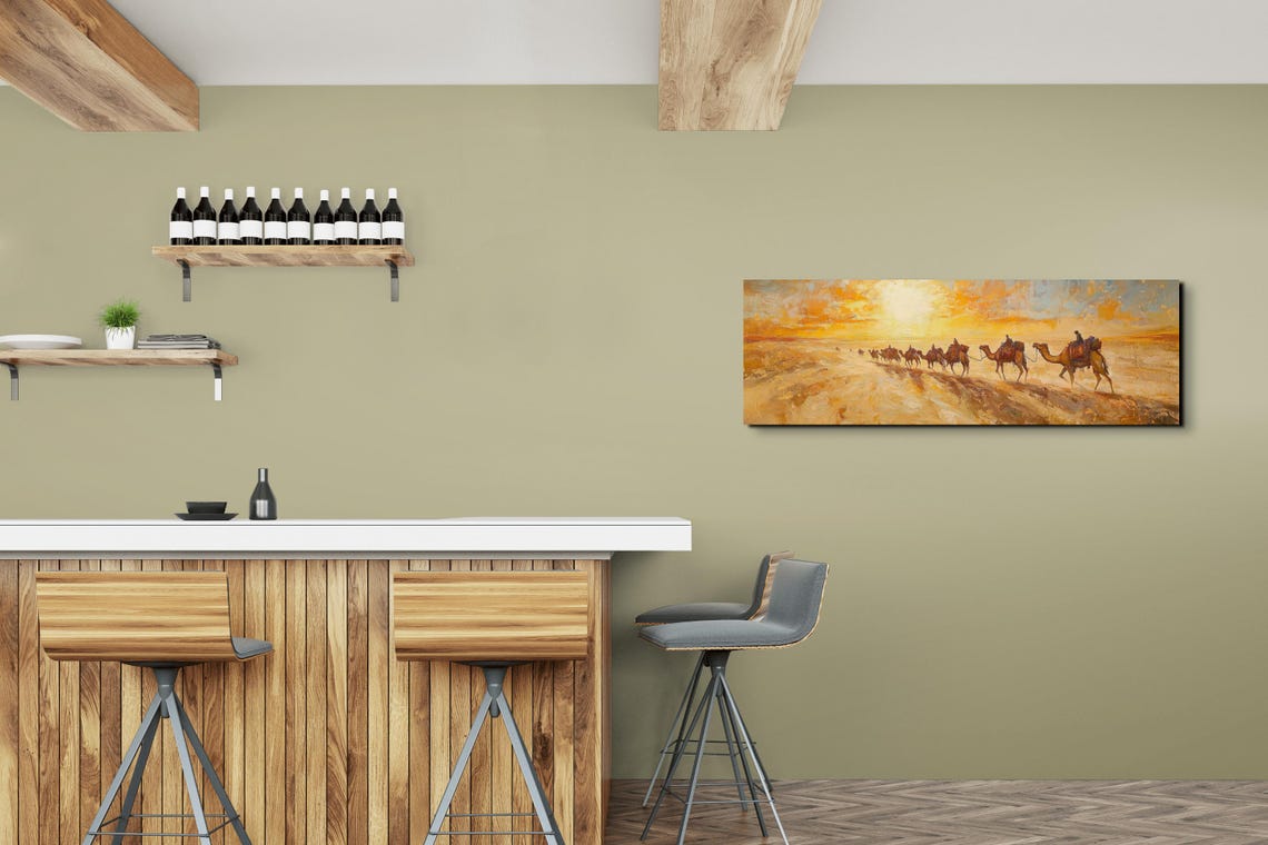 Desert Camel Caravan In Single File Warm Sunset Panoramic Art Poster - Image 7