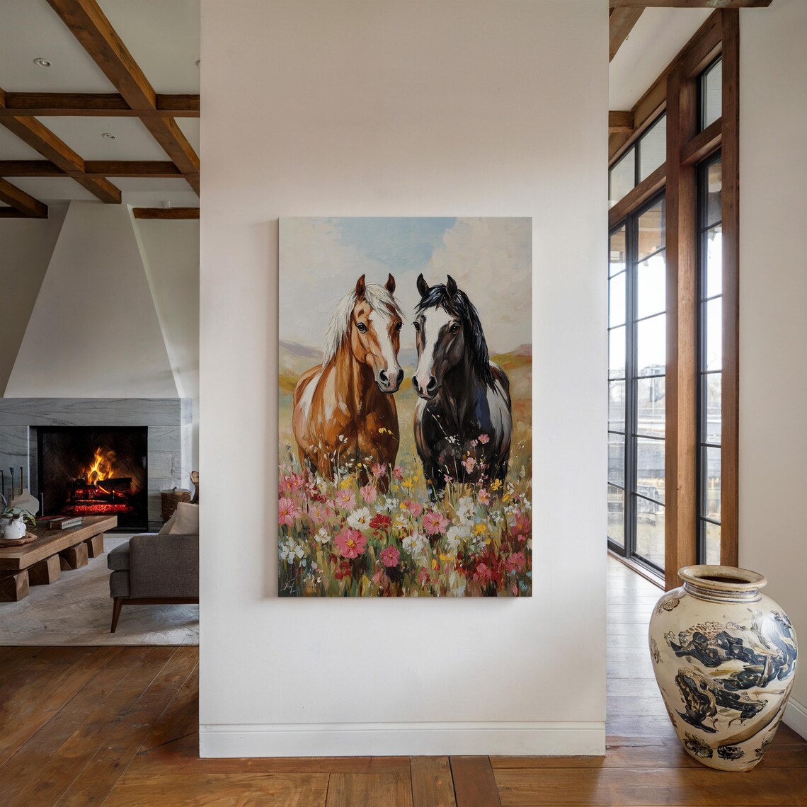 Pair of Horses Standing Together in Wildflower Field Pastoral Poster