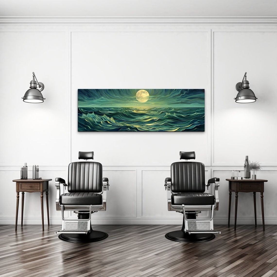 Glowing Full Moon Over Teal Waves Stylized Night Ocean Poster - Image 4