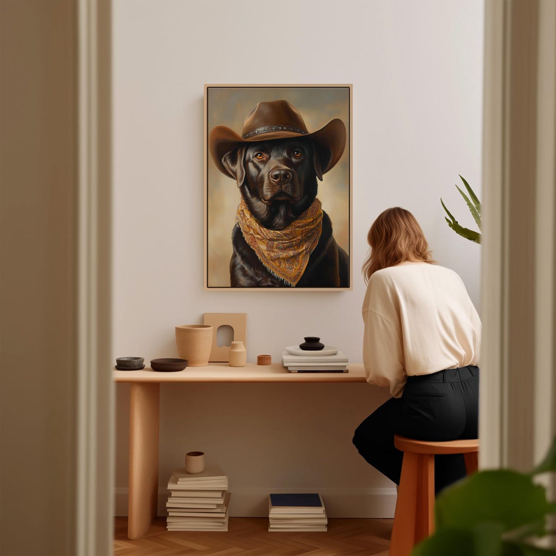 Black Labrador Cowboy Hat Gold Bandana Western Dog Portrait Poster - Image 2