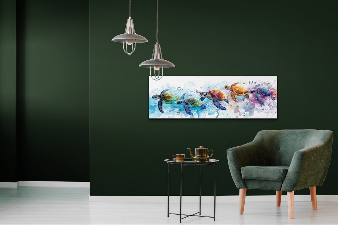 Sea Turtles Wall Art Design, Panoramic Ocean Art - Image 5