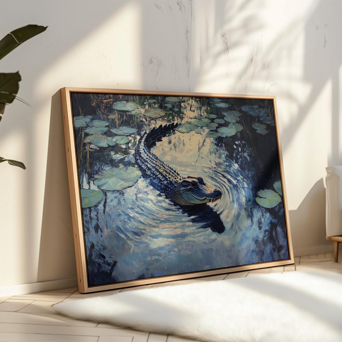 Close Up Alligator in Moonlit Lily Pond Swamp Wildlife Poster
