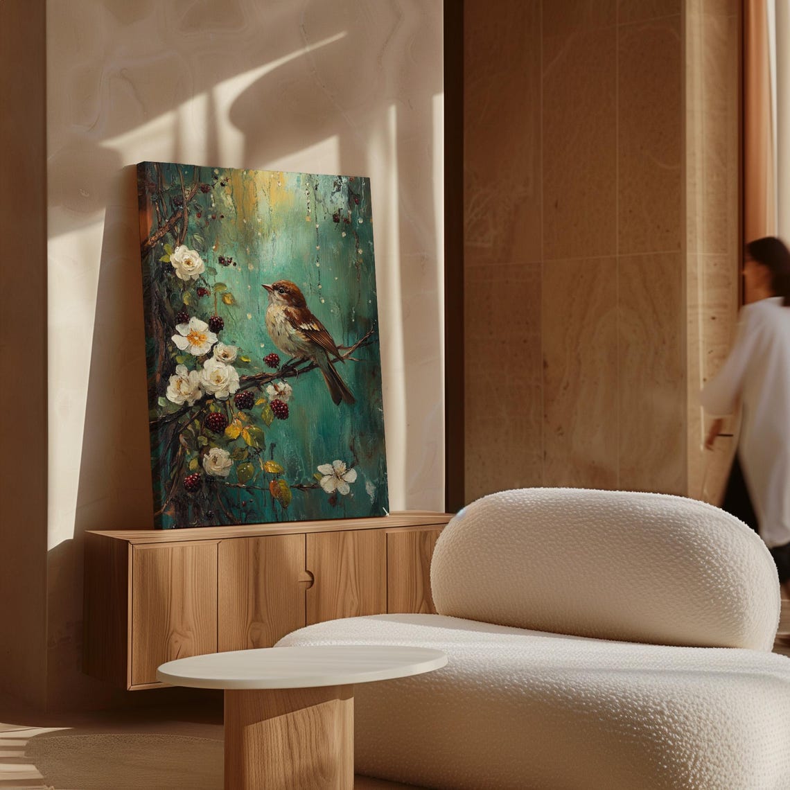Brown Songbird With White Roses And Berries Painting Art Poster - Image 7