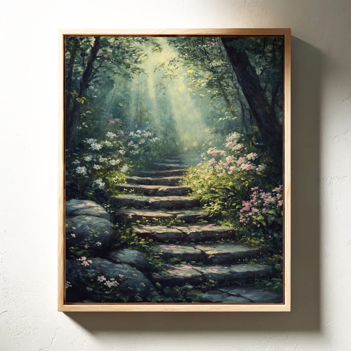 Enchanted Forest Path Wall Art Serene Stone Steps With Blossoms And Sunlight Print For Nature Inspired Home Decor - Image 5
