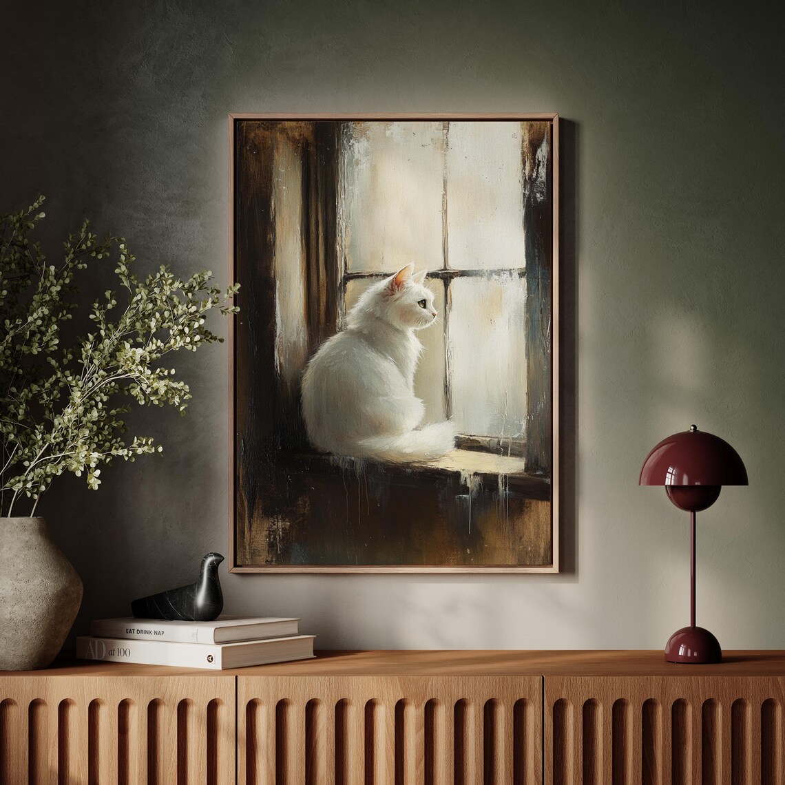 White Cat by a Dark Window Moody Vintage Animal Painting Poster - Image 7