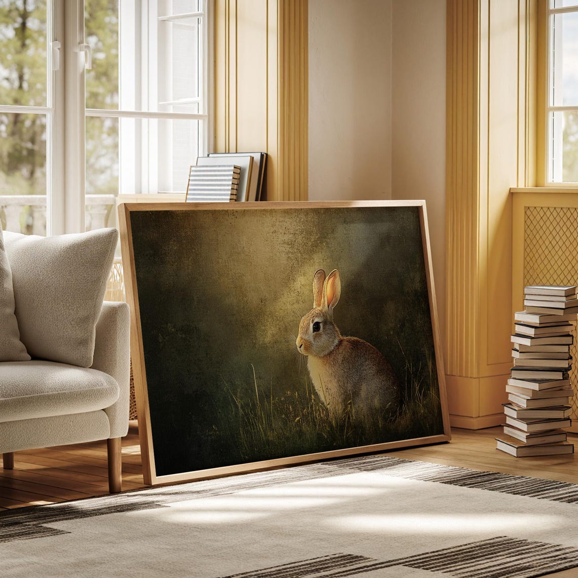 Wild Rabbit in Tall Grass Against Dark Moody Meadow Backdrop Poster - Image 3