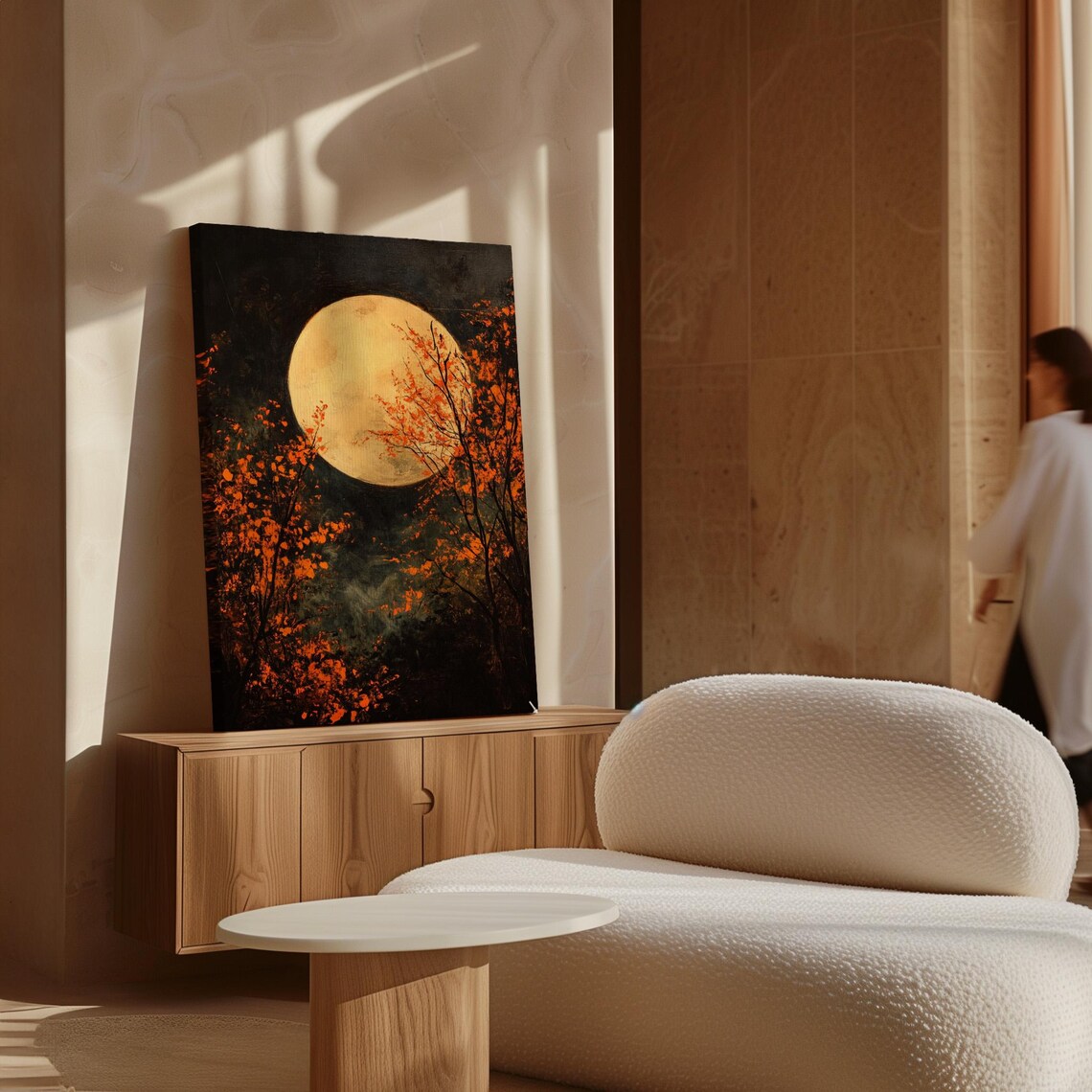 Full Moon With Autumn Trees, Rustic Seasonal Art Print - Image 7