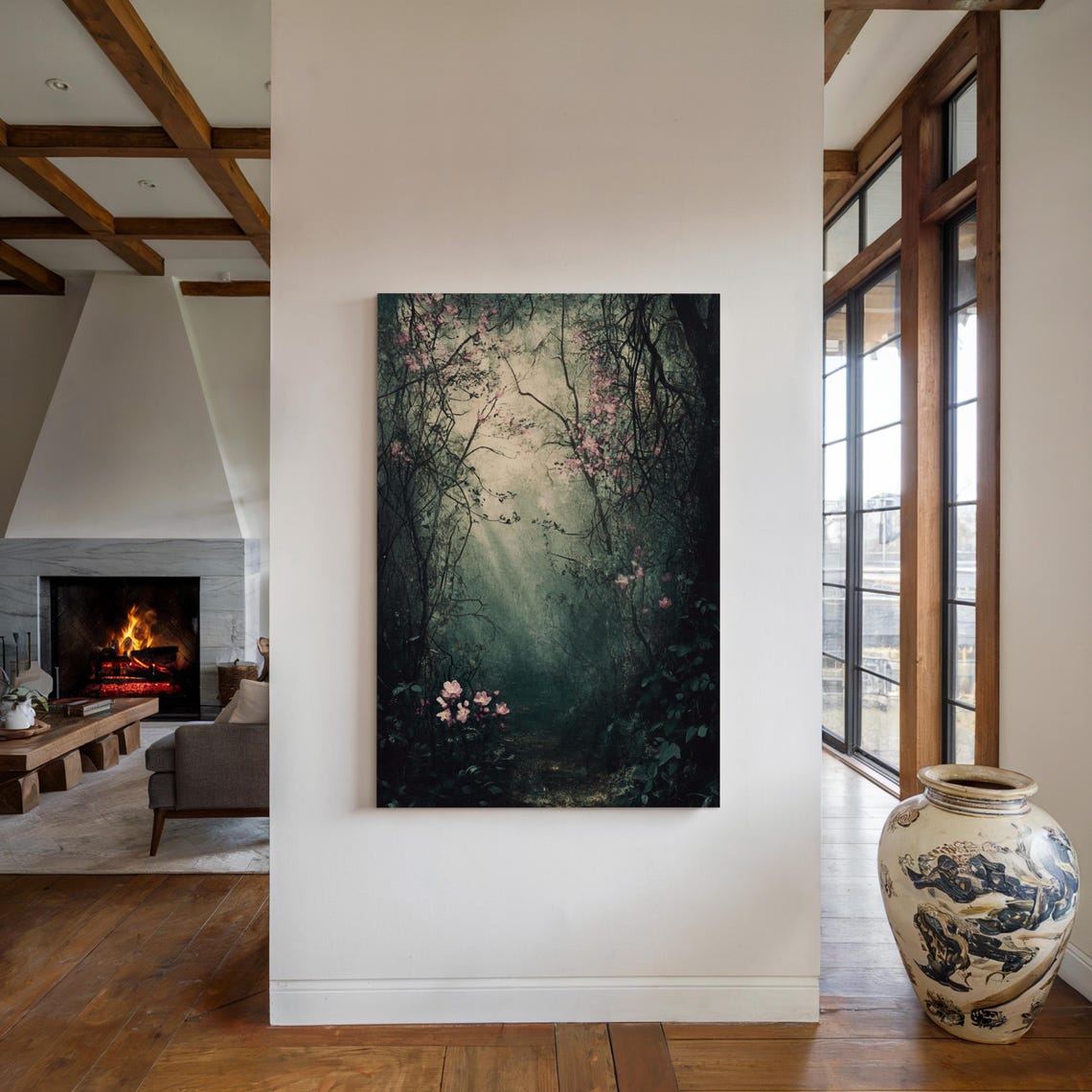 Enchanted Dark Forest Path With Pink Blossoms Mystical Green Wall Art - Image 5
