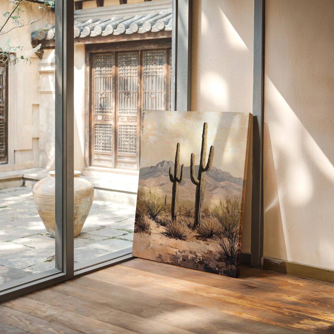 Warm Vintage Desert Painting of Saguaros Before Hazy Mountains Poster - Image 4