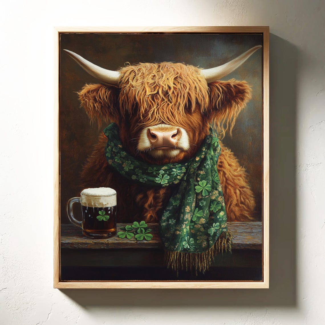Highland Cow With Shamrock Scarf and Beer Mug Irish Fun Poster
