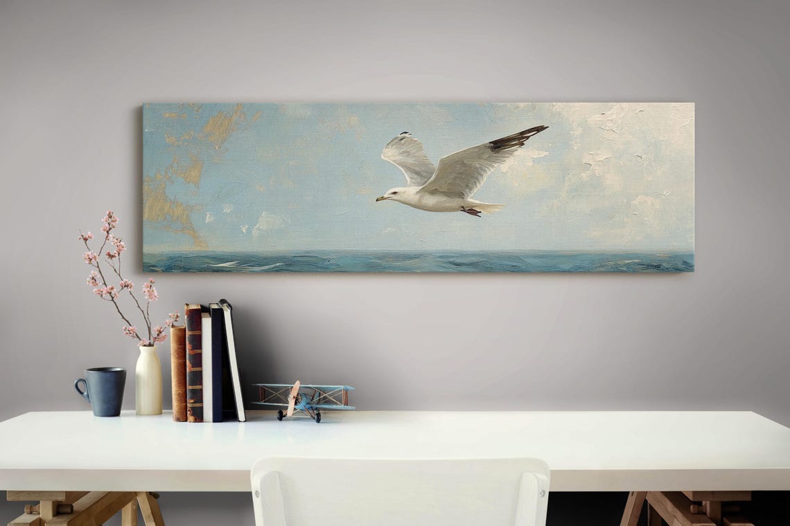 Seagull Soaring Blue Ocean Coastal Bird Nautical Wall Art Print