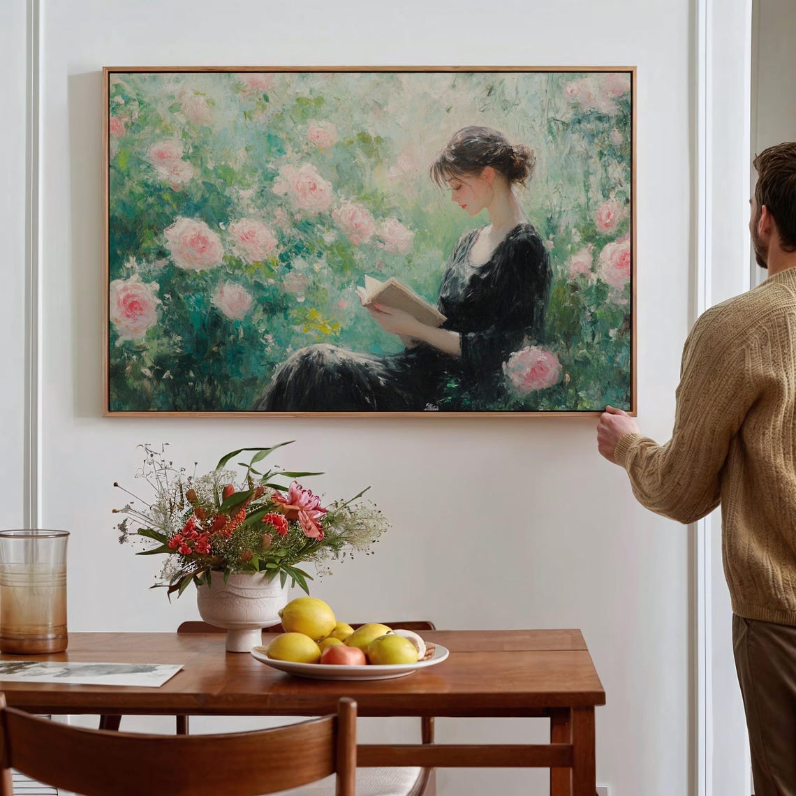 Woman Reading in Rose Garden Romantic Vintage Floral Wall Poster