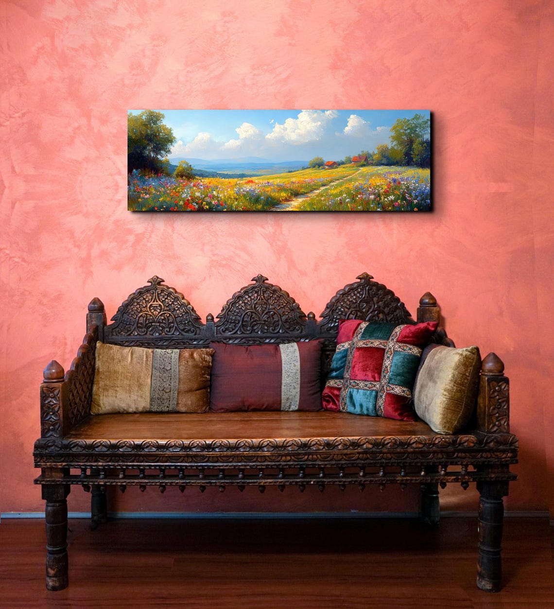 Red Barn Beyond Wildflower Field Country Lane Summer Day Poster - Image 4