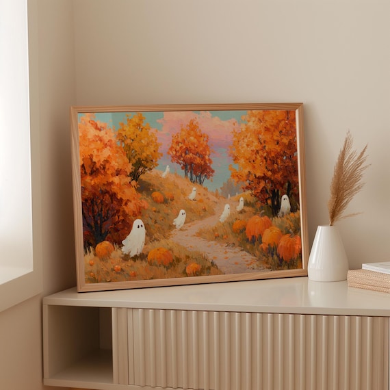 Whimsical Halloween Ghosts Canvas Wall Art Autumn Pumpkin Patch Path With Orange Fall Trees Spooky Seasonal Painting Rustic Home Decor