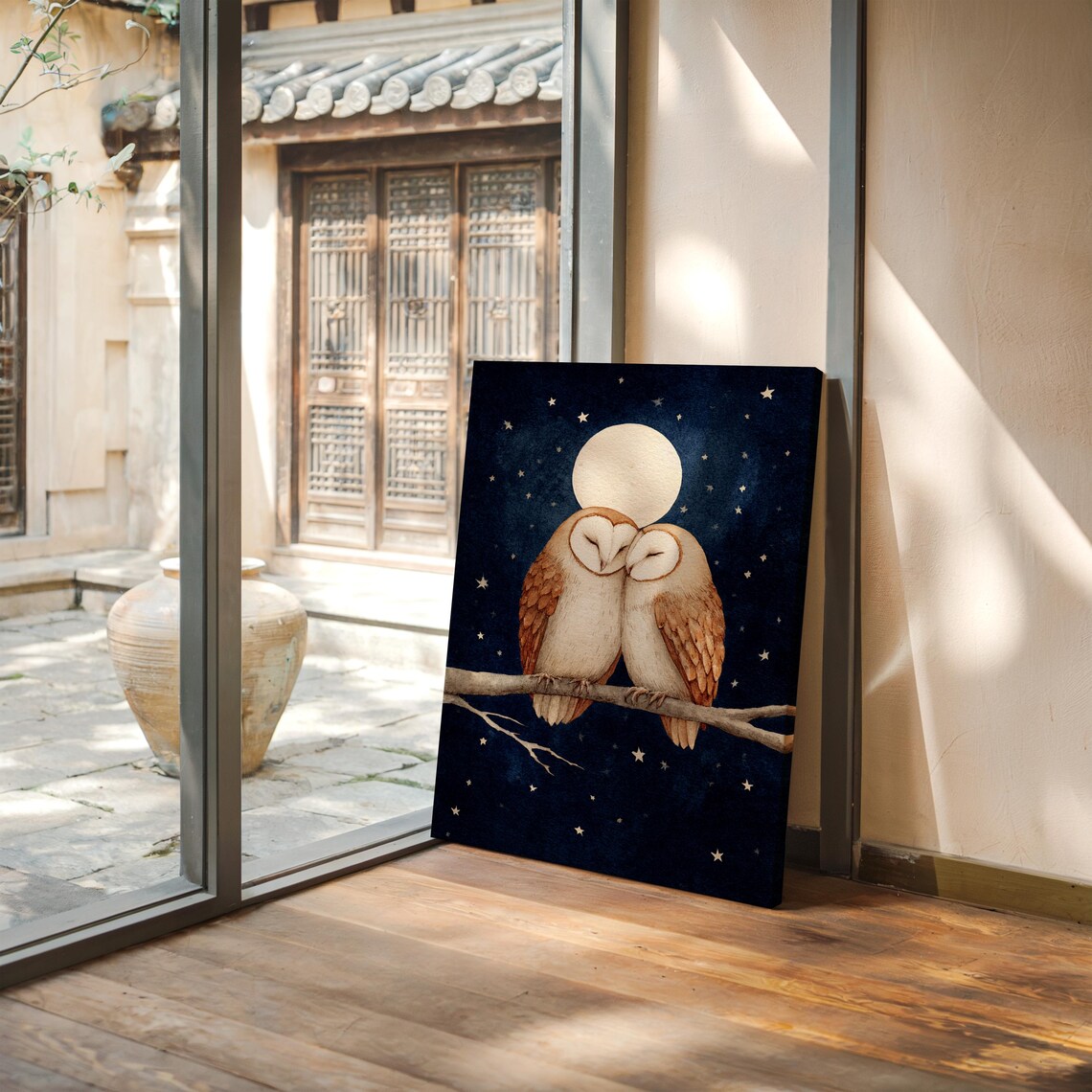 Loving Barn Owls Under Moonlit Sky Art Print