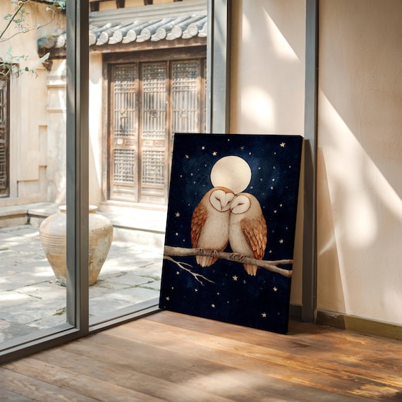 Loving Barn Owls Under Moonlit Sky Art Print