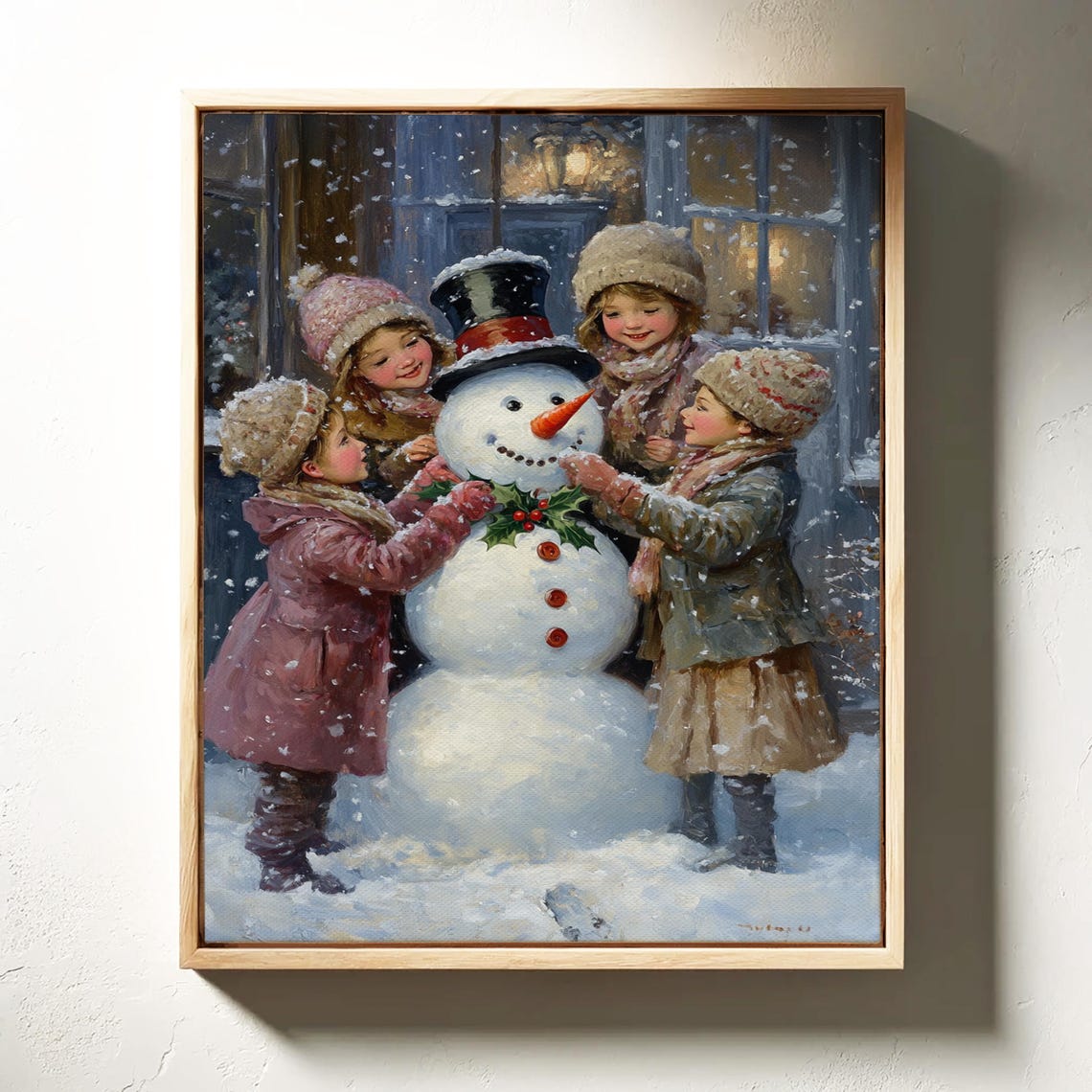Children Decorating Snowman Vintage Winter Holiday Scene Poster - Image 4