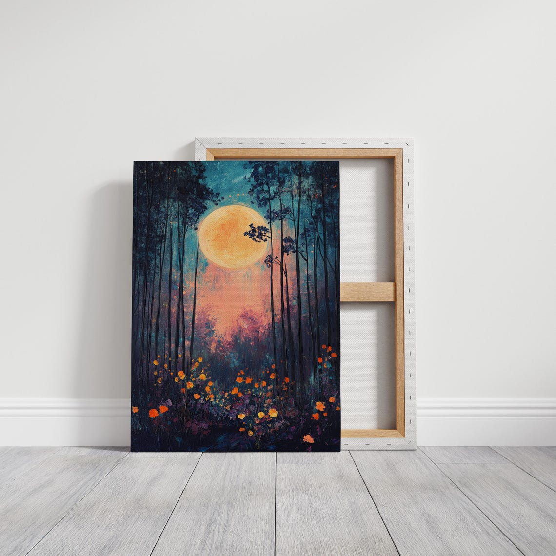 Glowing Full Moon Over Night Forest Wildflowers Pink Sky Poster - Image 3