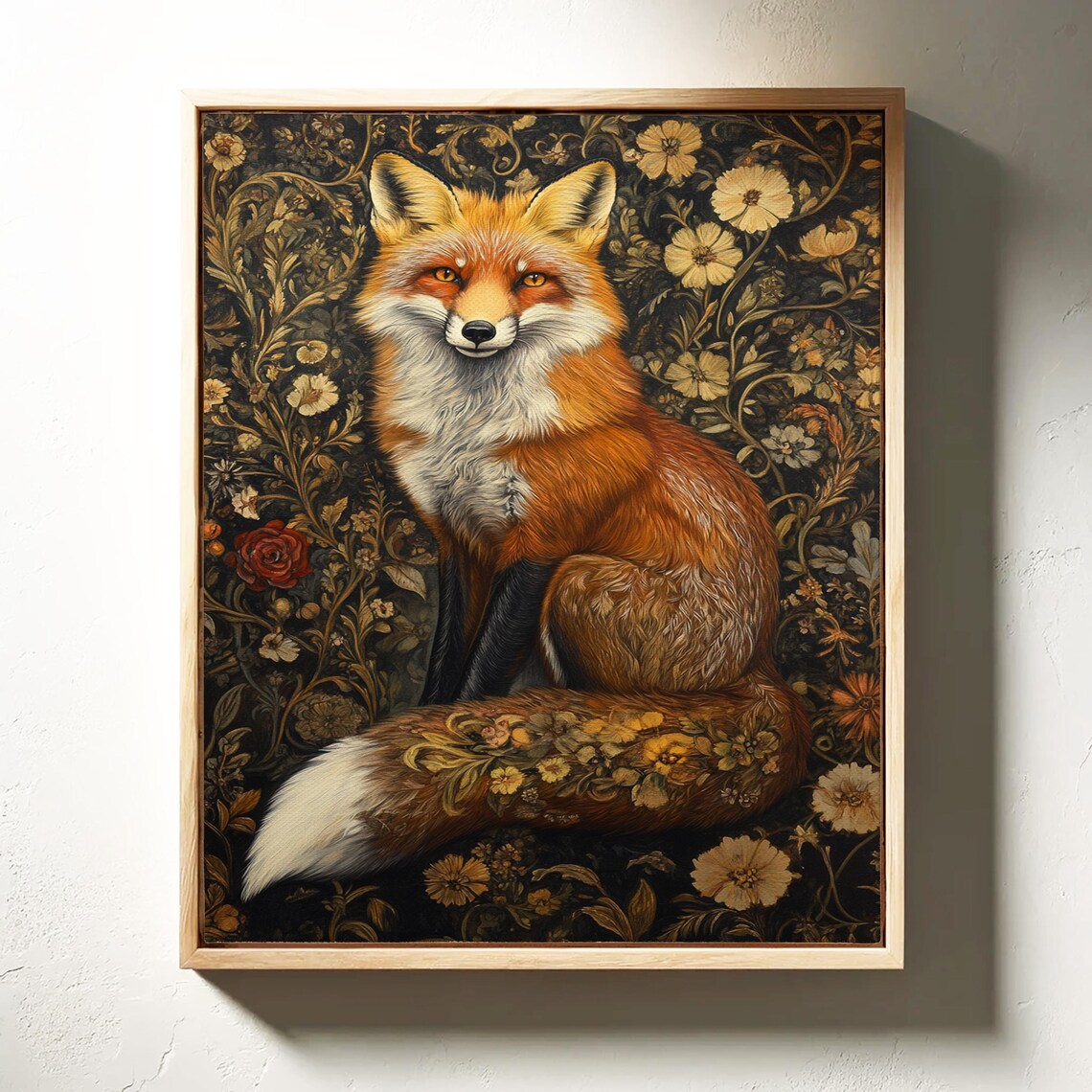 Red Fox Portrait Among Vintage Floral Vines Dark Wildlife Poster - Image 4