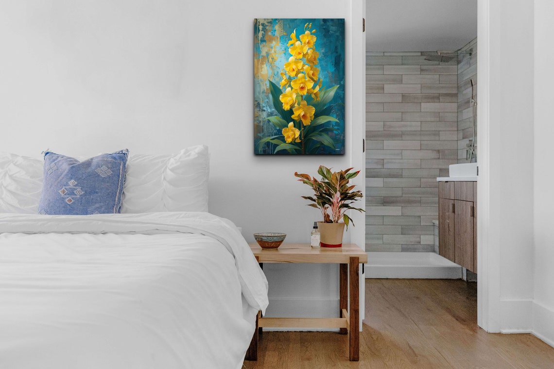 Tall Yellow Orchid Stem Painterly Blue And Gold Floral Art Poster - Image 3