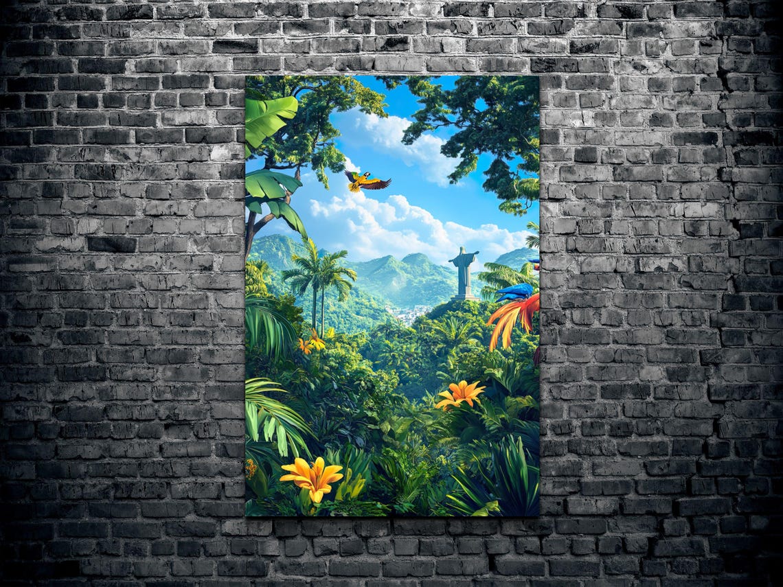Christ The Redeemer Above Rio Jungle Tropical Parrots Poster - Image 2