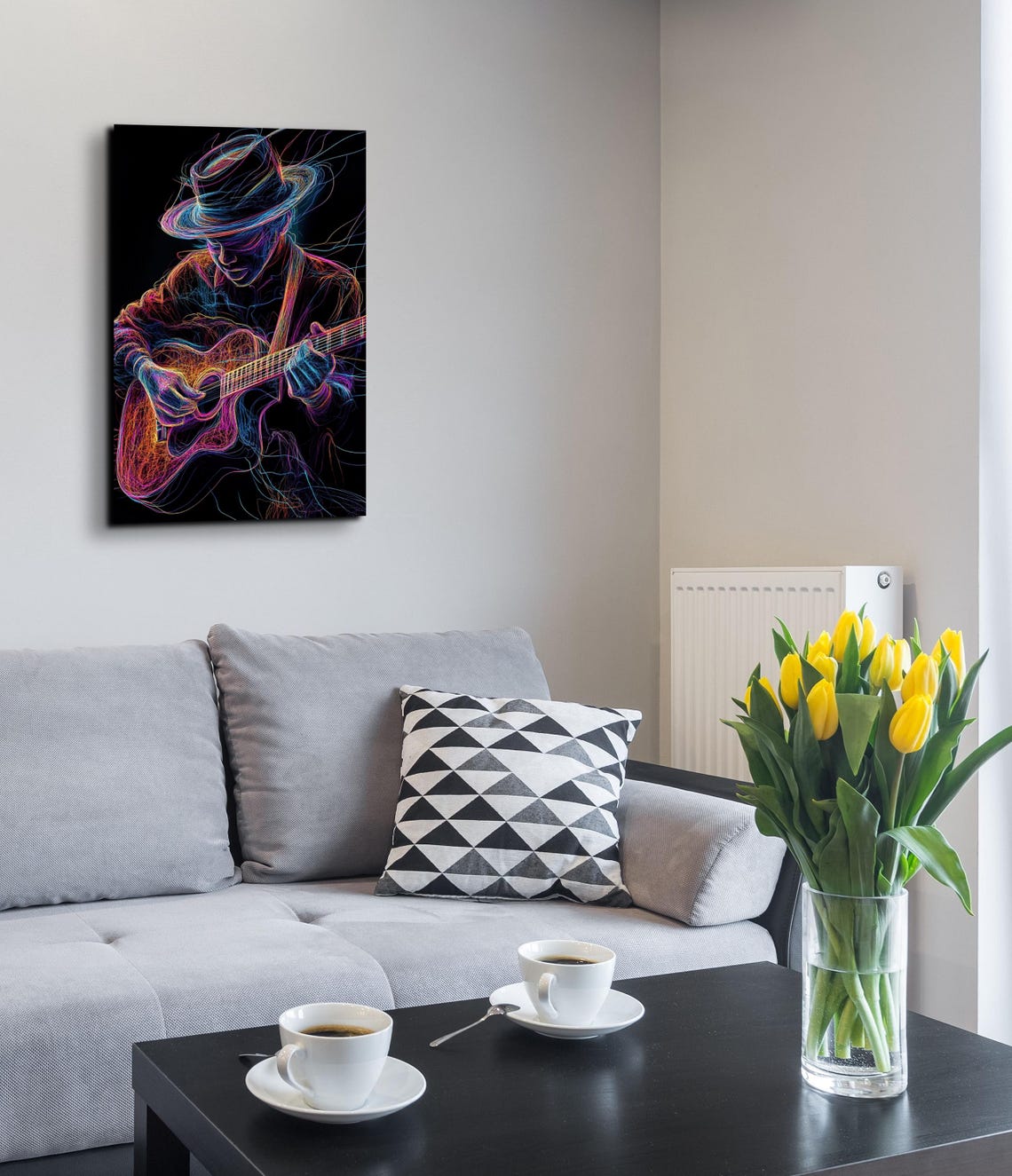 Neon Line Art Acoustic Guitarist Bowing Low Over Guitar Poster - Image 4