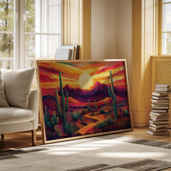 Southwest Desert Sunset Art Colorful Cactus Landscape Print Vibrant Desert Mountain Wall Decor Bold Sunset Scene Poster