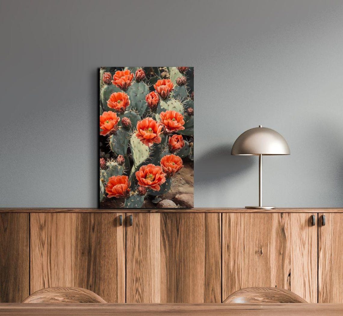 Blooming Prickly Pear Cactus Coral Flowers Desert Botanical Art Poster - Image 4