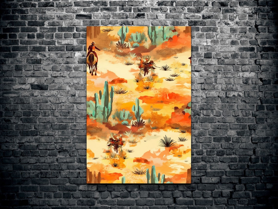 Cowboy On Horseback Desert Cactus Scene Watercolor Style Poster - Image 2