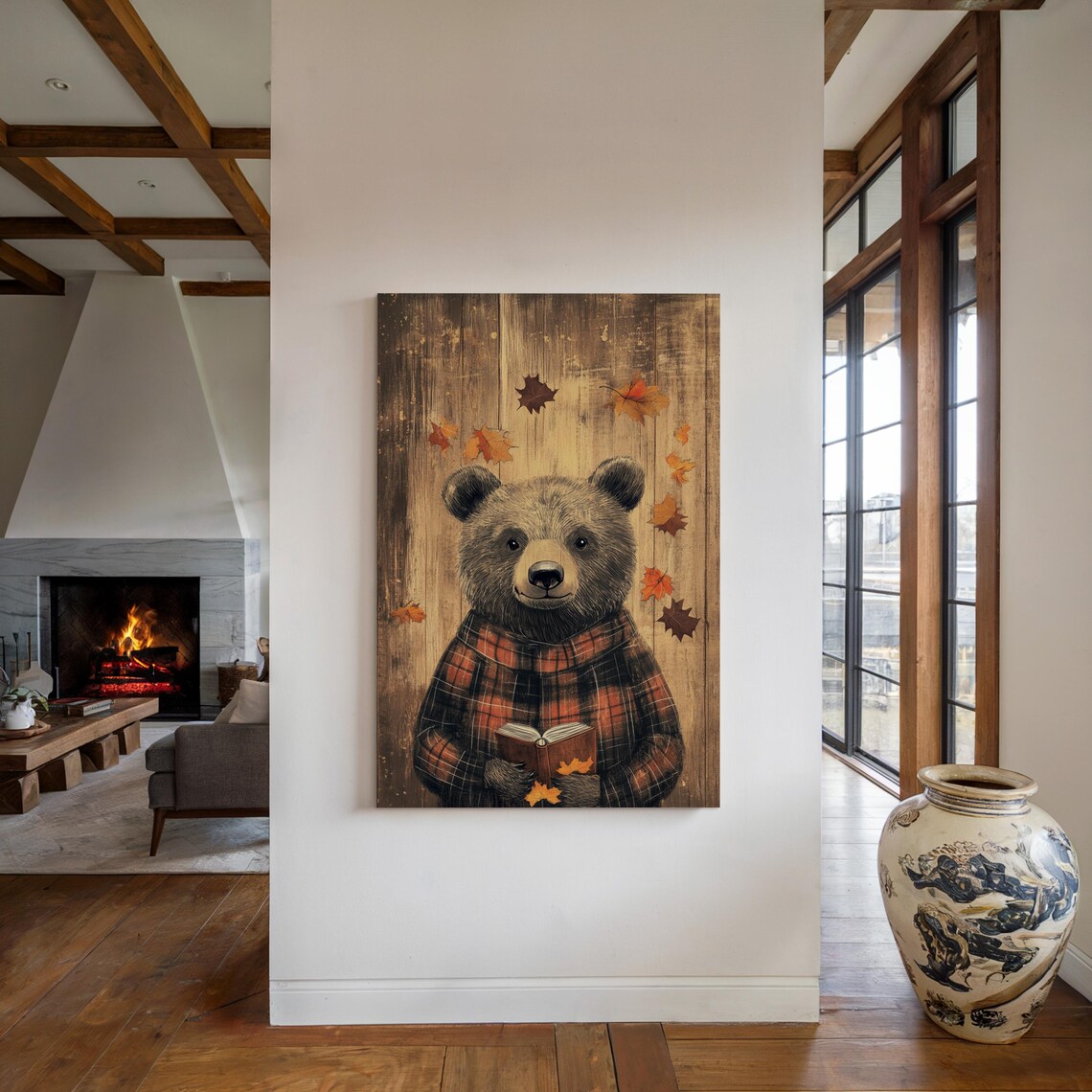 Cozy Bear in a Red Plaid Flannel Reading an Autumn Book Poster - Image 4