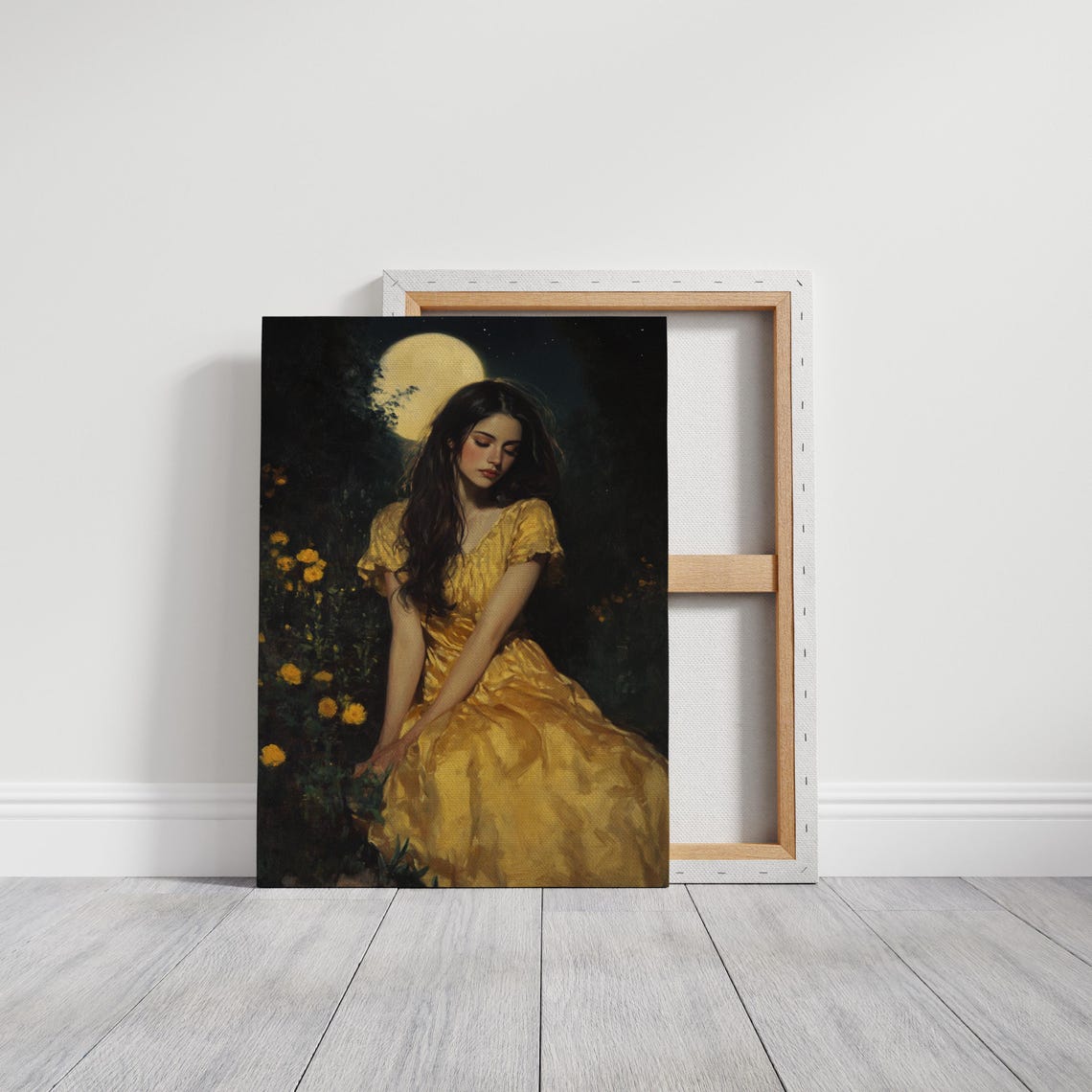 Elegant Woman Golden Gown Full Moon Night Garden Romantic Poster - Image 3