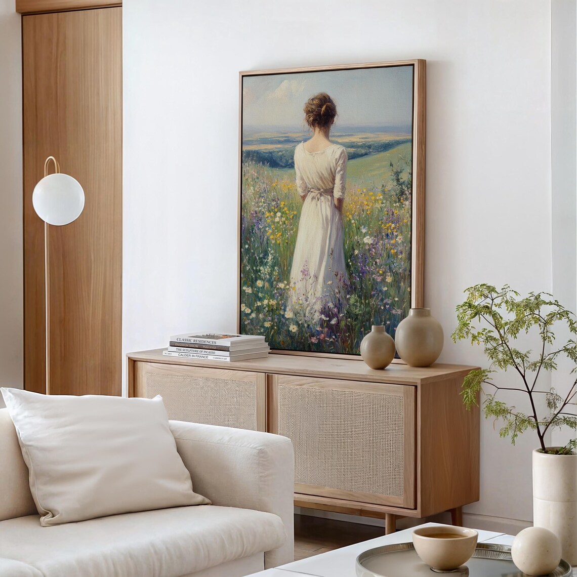 Woman In Cream Dress Standing In Wildflower Field Scenic View Poster - Image 6