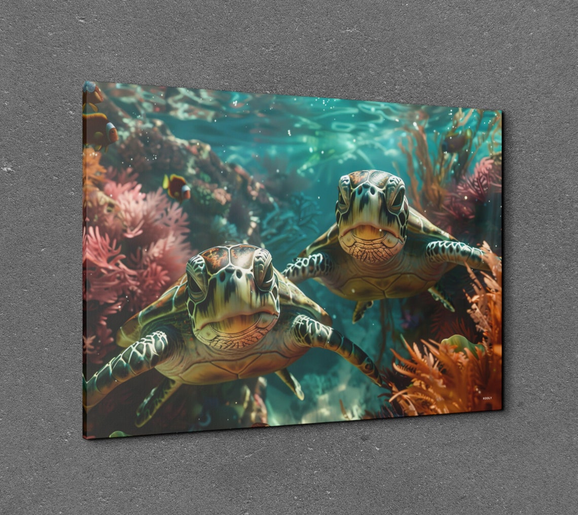 Two Sea Turtles Swimming Underwater Among Coral Reef Colors Wall Art - Image 7