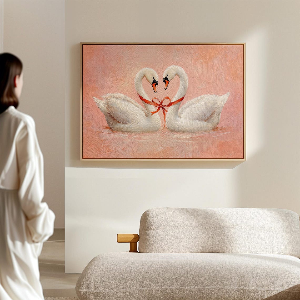 Swan Pair Heart Shape Red Ribbon Romantic Love Bird Painting Poster - Image 4