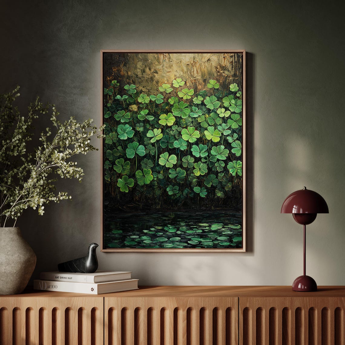 Dense Green Clover Field Above Dark Water Moody Botanical Wall Art