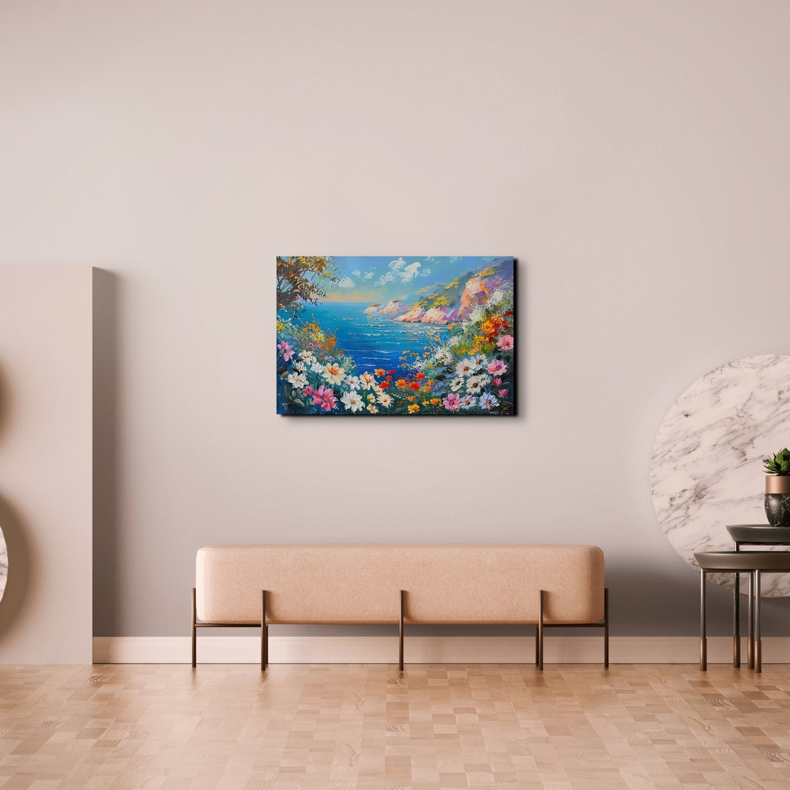 Wildflowers Above Blue Ocean Coastal Impressionist Art Poster - Image 6