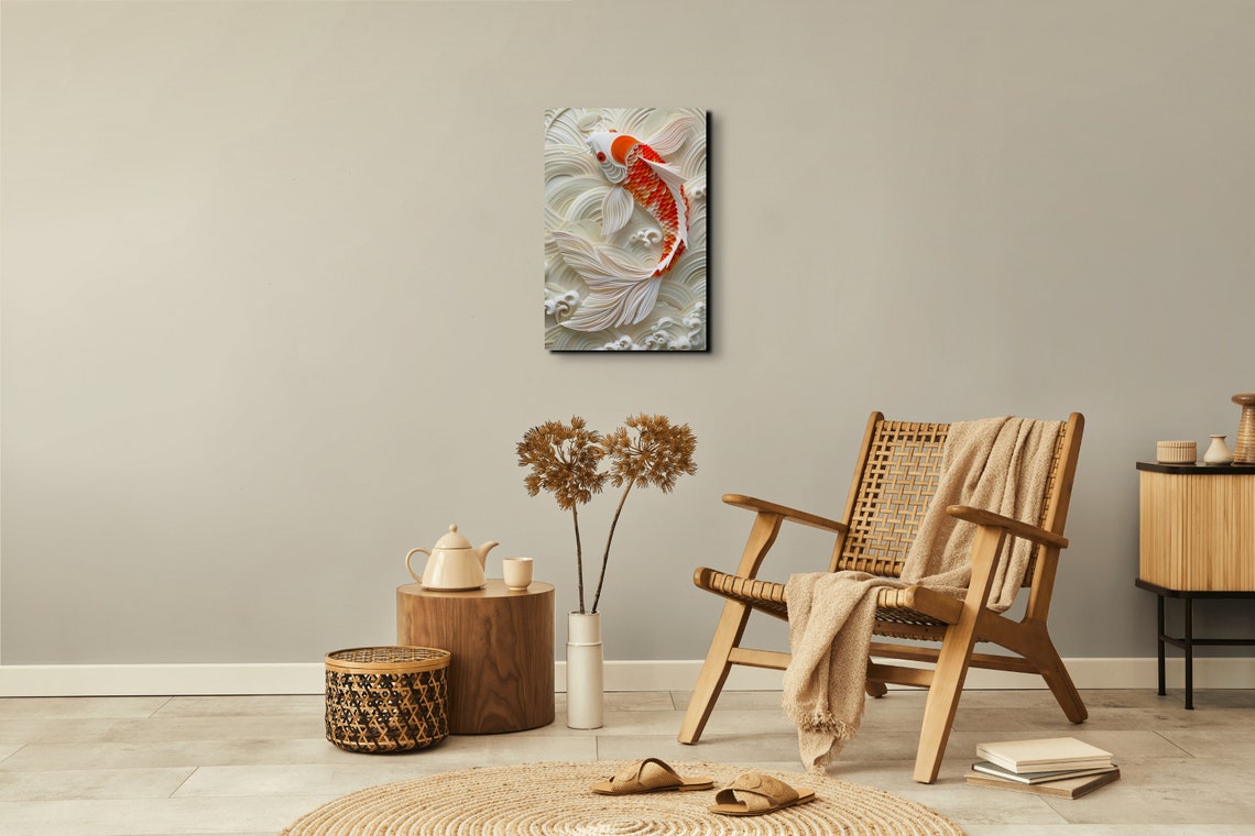 Orange Koi Fish on White Waves Paper Cut Style Nature Poster - Image 6