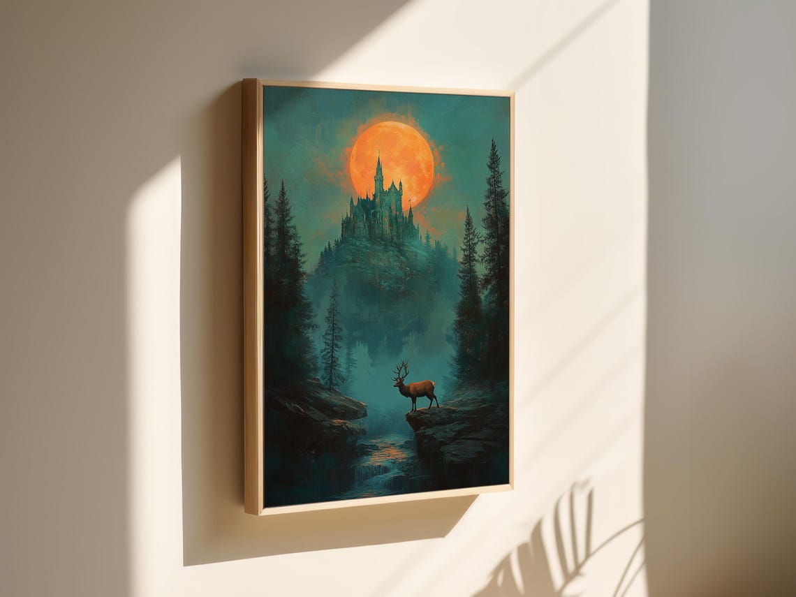 Moonlit Castle On Misty Cliff With Elk Epic Fantasy Night Poster - Image 4