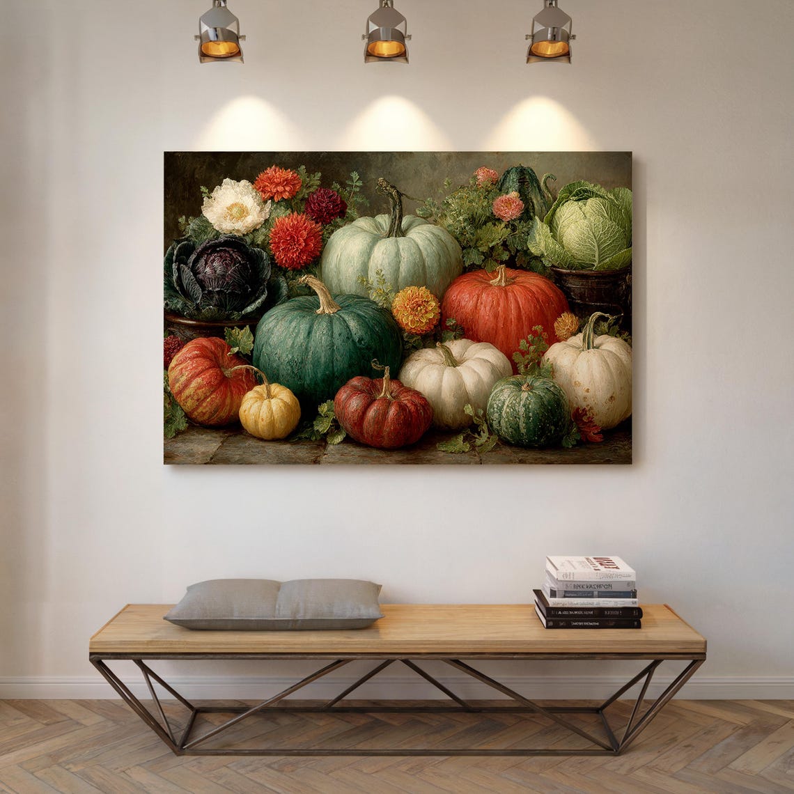 Harvest Still Life with Pumpkins Gourds and Chrysanthemums Poster