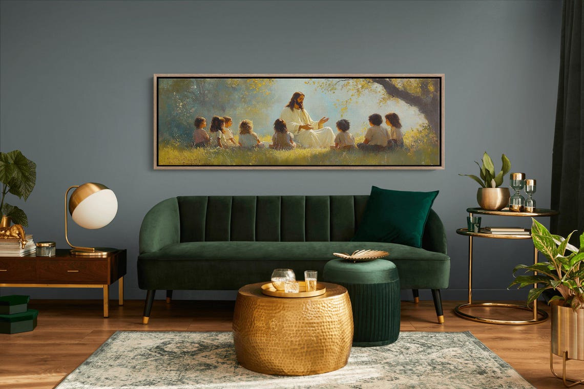 Jesus With Children Golden Meadow Panoramic Christian Poster - Image 2