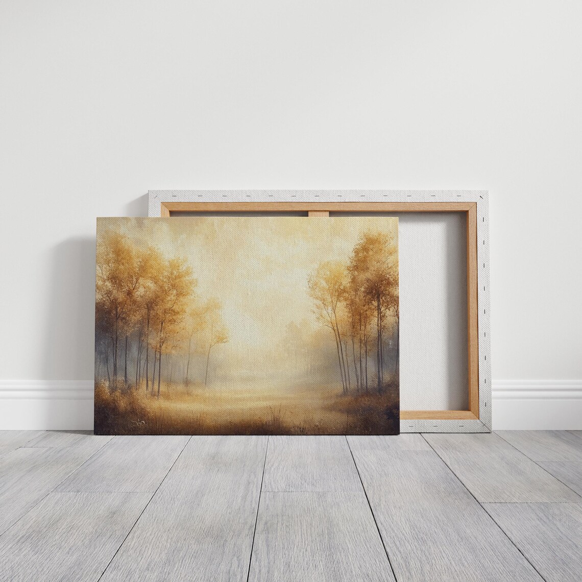 Golden Autumn Trees In Mist Morning Light Forest Landscape Painting Poster - Image 5