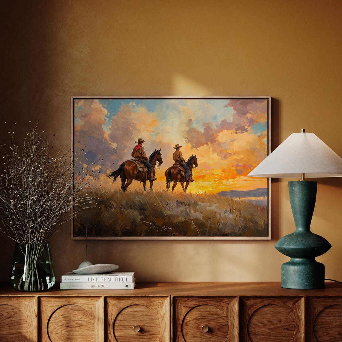 Cowboys At Sunset Art Western Landscape Wall Decor Rustic Ranch Poster Vintage Southwest Scene