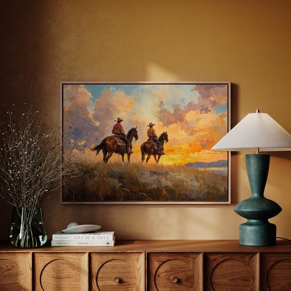 Cowboys At Sunset Art Western Landscape Wall Decor Rustic Ranch Poster Vintage Southwest Scene