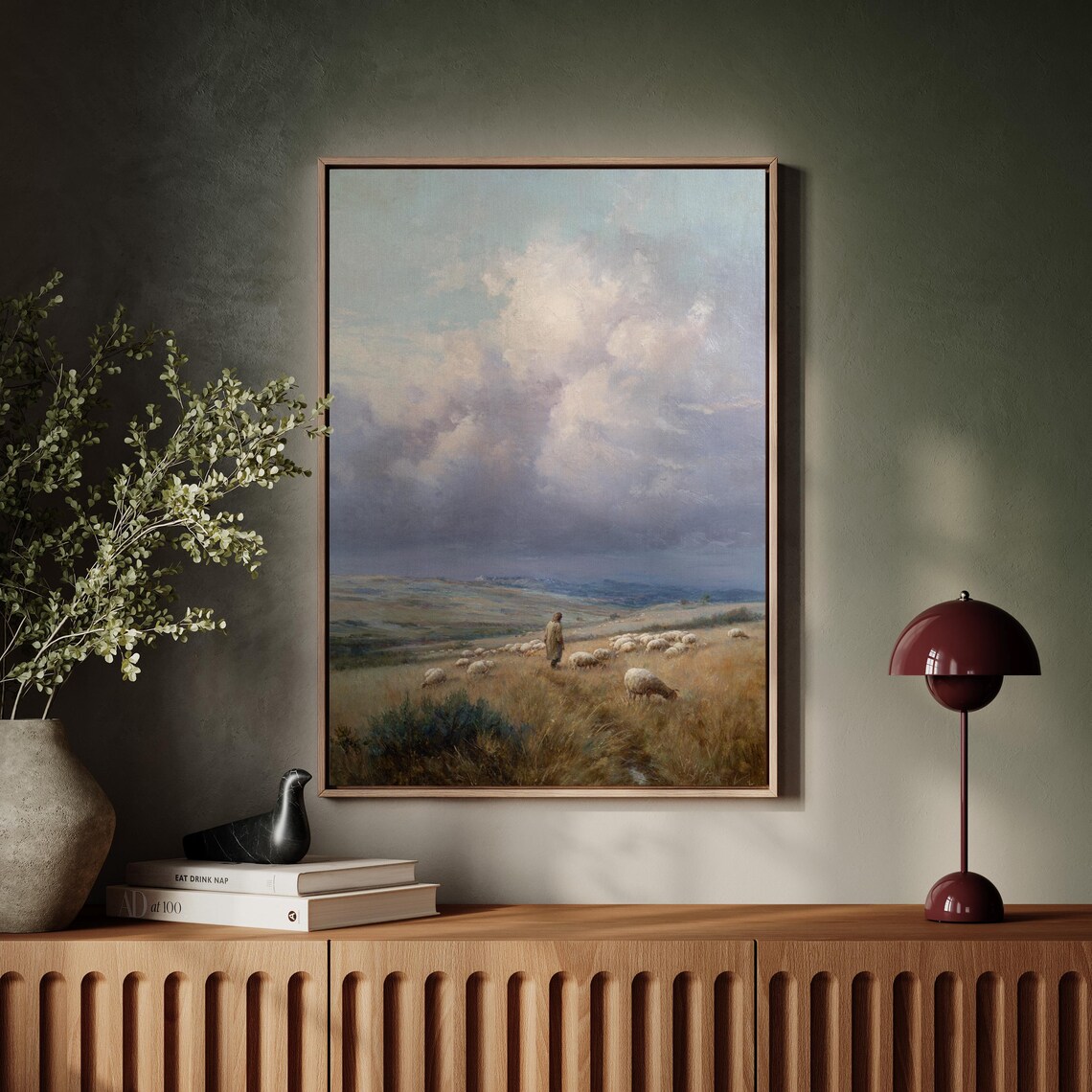 Shepherd Watching Over Flock Of Sheep Under Vast Clouded Sky Oil Art Poster