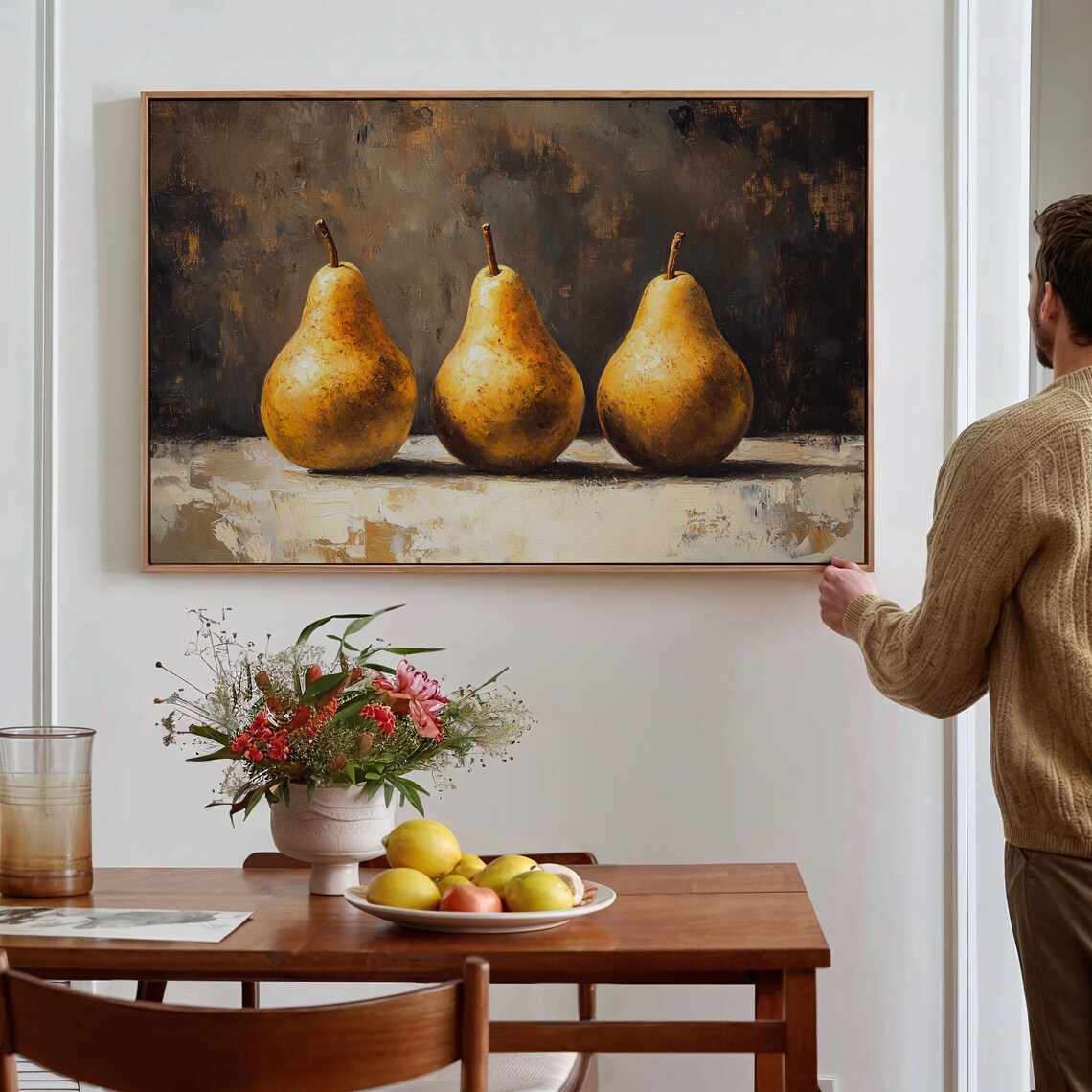 Golden Pear Still Life Rustic Kitchen Wall Art Vintage Fruit Painting Textured Oil Artwork Farmhouse Dining Room Decor - Image 2