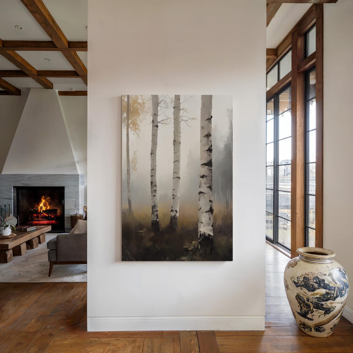 Misty Birch Forest Autumn Morning Calm Neutral Tones Wall Art - Image 5