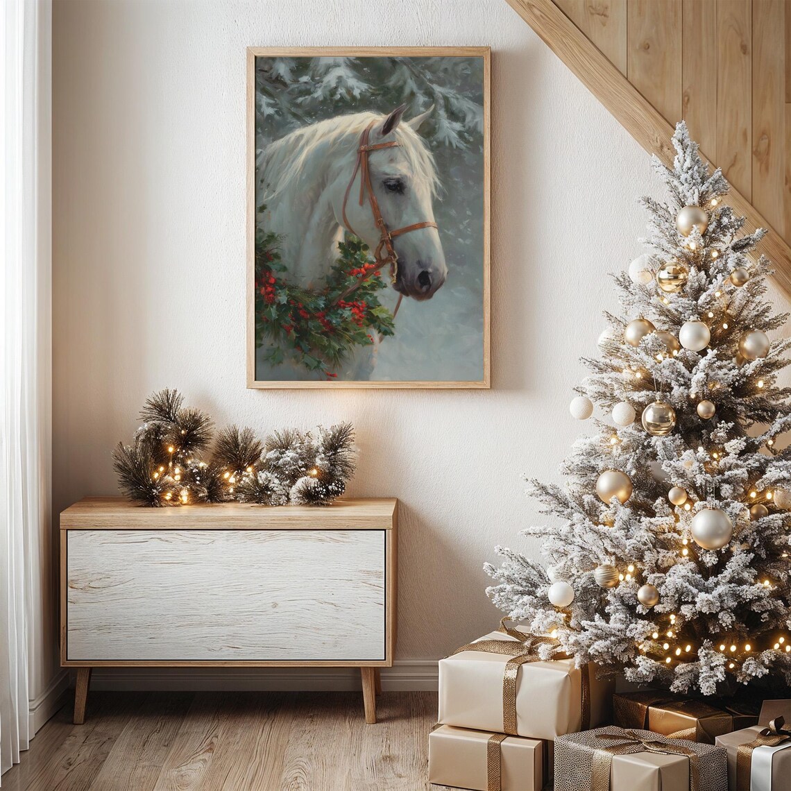 Snowy White Horse Christmas Holiday Wreath Portrait Art Poster